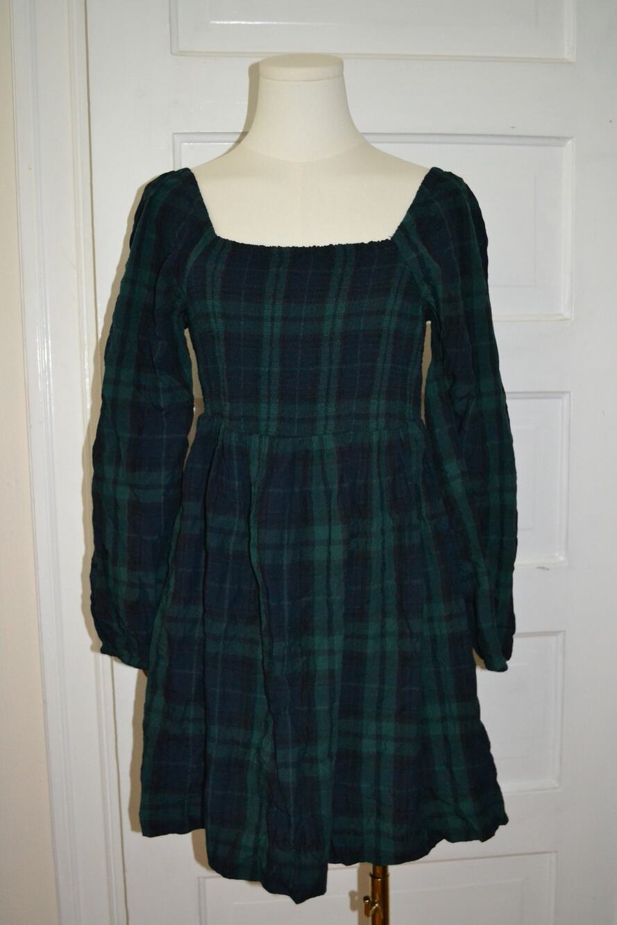 Plaid Puff Sleeve Dark Academia Preppy Chic Mini Dress Size M